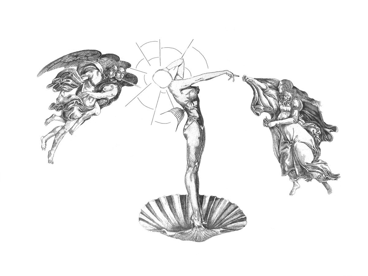 Graphiste indépendant, création d'illustrations originales, dessin déclinaison à partir de 'La naissance de Vénus' et du 'Printemps' de Botticelli